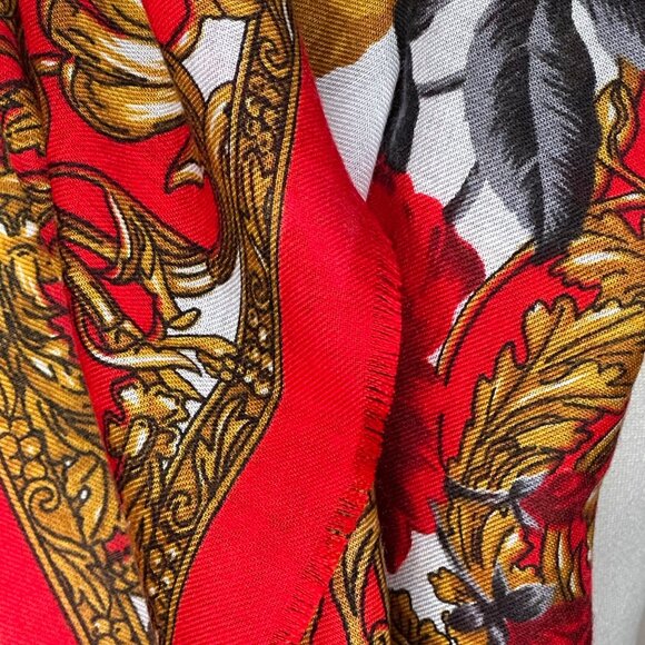 Stunning Vintage Floral Rose Print Scarf 30" Red Yellow Cottage Retro Art - Picture 9 of 9